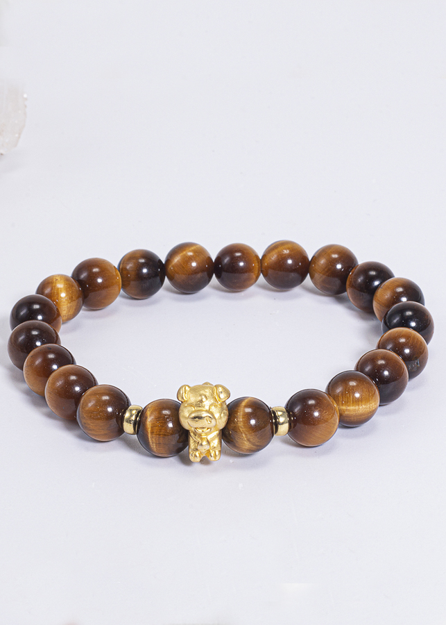 Vòng Tay Phong Thủy Đá Mắt Hổ Vàng Nâu Phối Charm Tuổi Hợi Bạc Mạ Vàng 24K Mệnh Thổ, Kim Ngọc Quý Gemstones