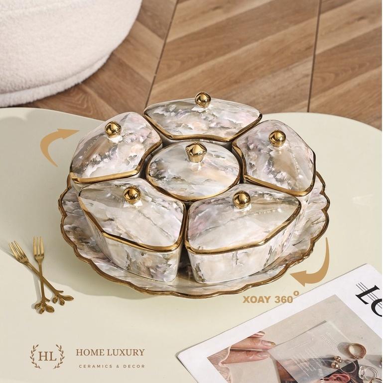 Hộp đựng bánh kẹo - mứt tết - ô mai chất liệu sứ có nắp đậy kèm khay xoay 360 độ vân đá | Bộ khay sứ 5 - 6 hũ vân đá