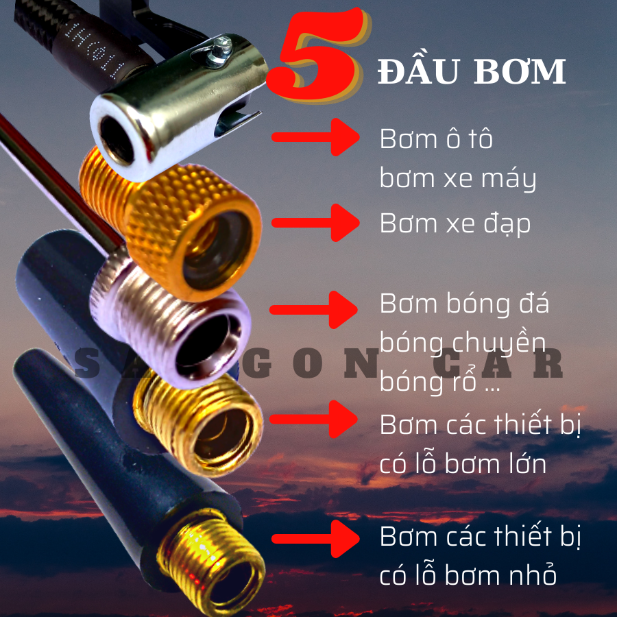 Bơm ô tô 12V đa năng, bơm xe hơi, bơm xe máy, bơm xe đạp kiêm xạc điện thoại, đèn pin, đèn cảnh báo nguy hiểm