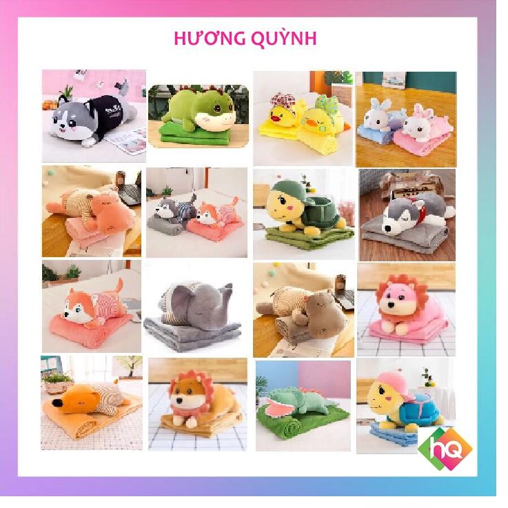 (HQ)Bộ chăn gối văn phòng gấu bông khủng long, hà mã, heo xinh 60cm, chất liệu nhung, co giãn 4 chiều. Hương Quỳnh