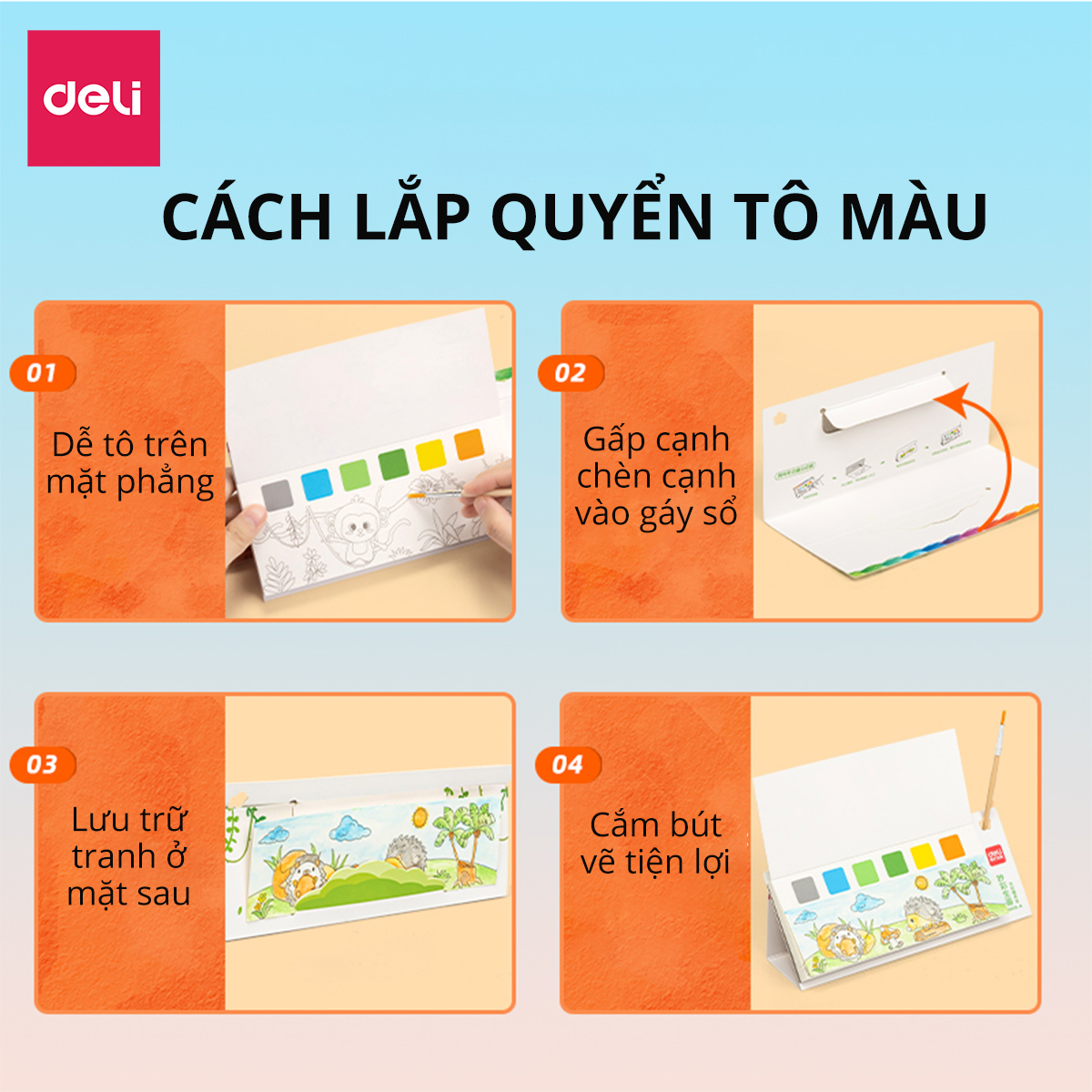 Bộ tranh tập tô màu nước cho bé Deli - 20 tờ - Kèm màu nước và cọ - Rừng Xanh/ Đại Dương - An toàn Sáng tạo học sinh