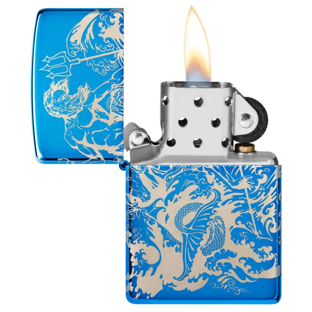 Bật lửa Zippo Atlantis Design - Thiết Kế Thần Biển Poseidon In Tràn Viền 360 Độ, Vỏ High Polish Blue Chính Hãng Mỹ