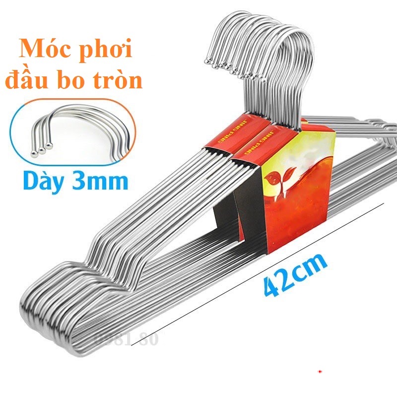 Set 10 Móc Treo Phơi Quần Áo Người Lớn - Chất Liệu Inox - Dày 3mm - Đầu Bo Tròn