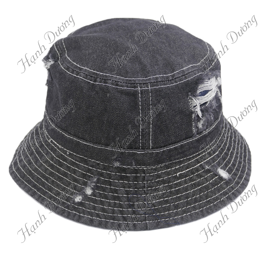 Nón bucket jean rách bụi cá tính không thêu, có quai nón