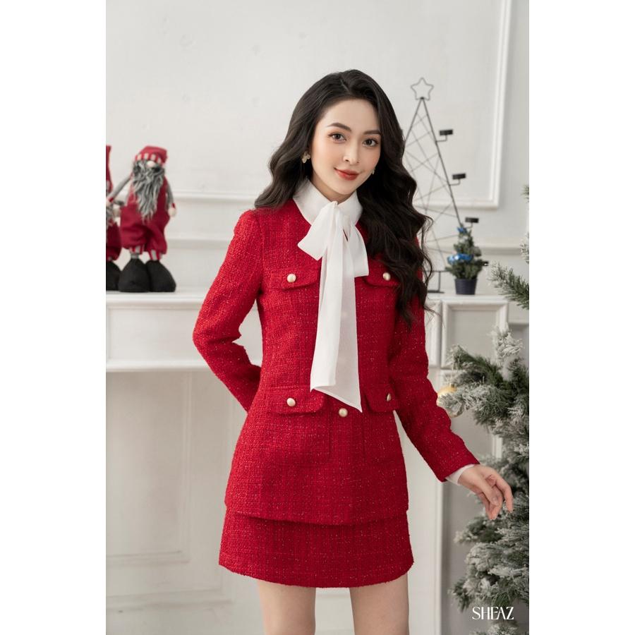 SHEAZ Chân Váy Tweed Đỏ Dáng A Hơi Ôm Phong Cách Hàn Quốc