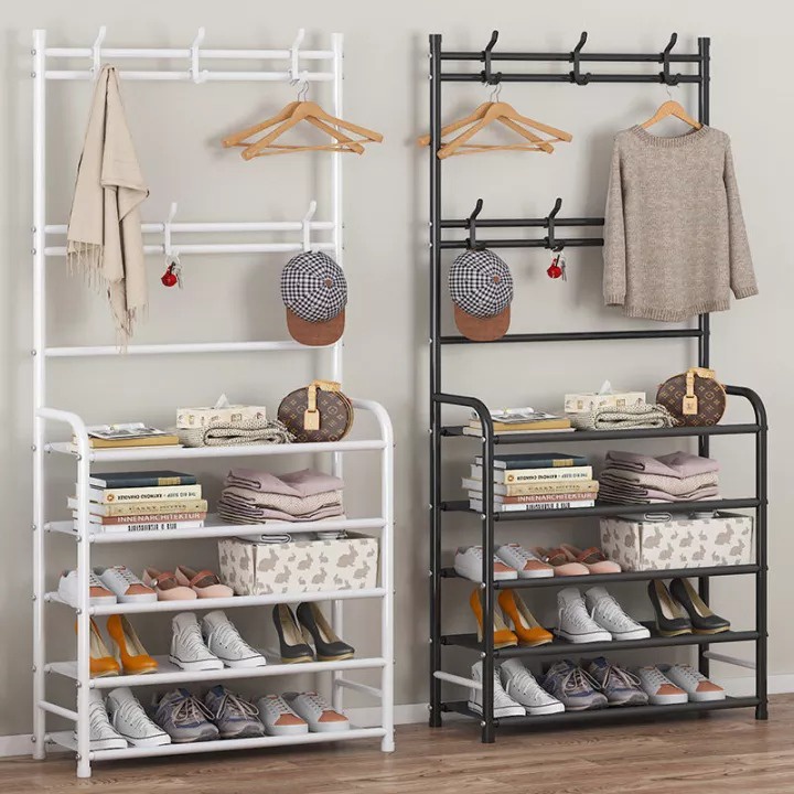 Giá để giày dép, quần áo 4 tầng bằng sắt sơn tĩnh điện chịu lực tốt, bên trên có các móc treo túi xách, quần áo, thiết kế hiện đại sang trọng, phù hợp cho cá nhân, gia đình