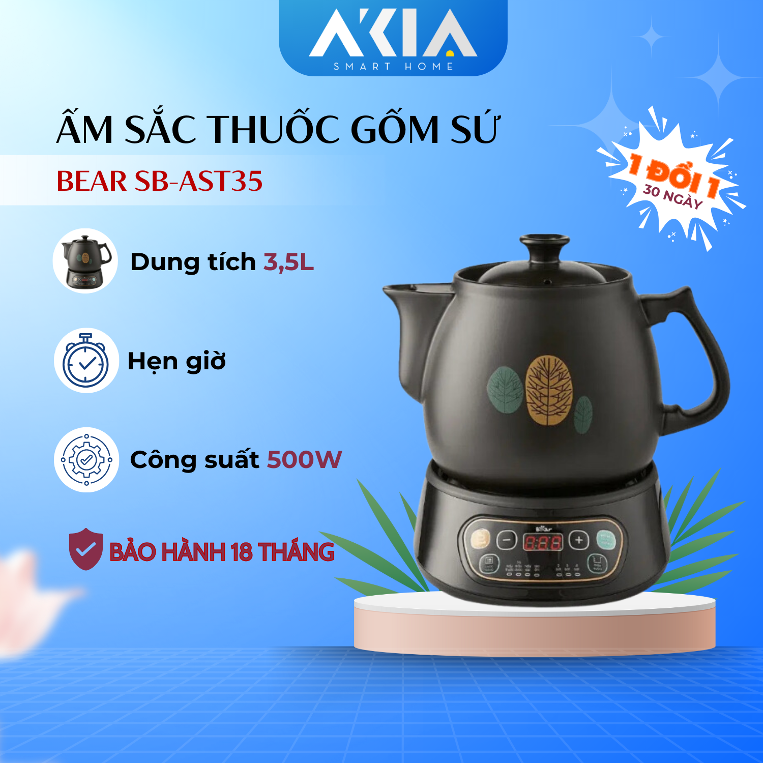 Ấm Sắc Thuốc Bear 3,5L SB-AST35 - Gốm sứ cao cấp, Đế giữ ấm, Hẹn giờ - Bản tiếng việt, Hàng chính hãng