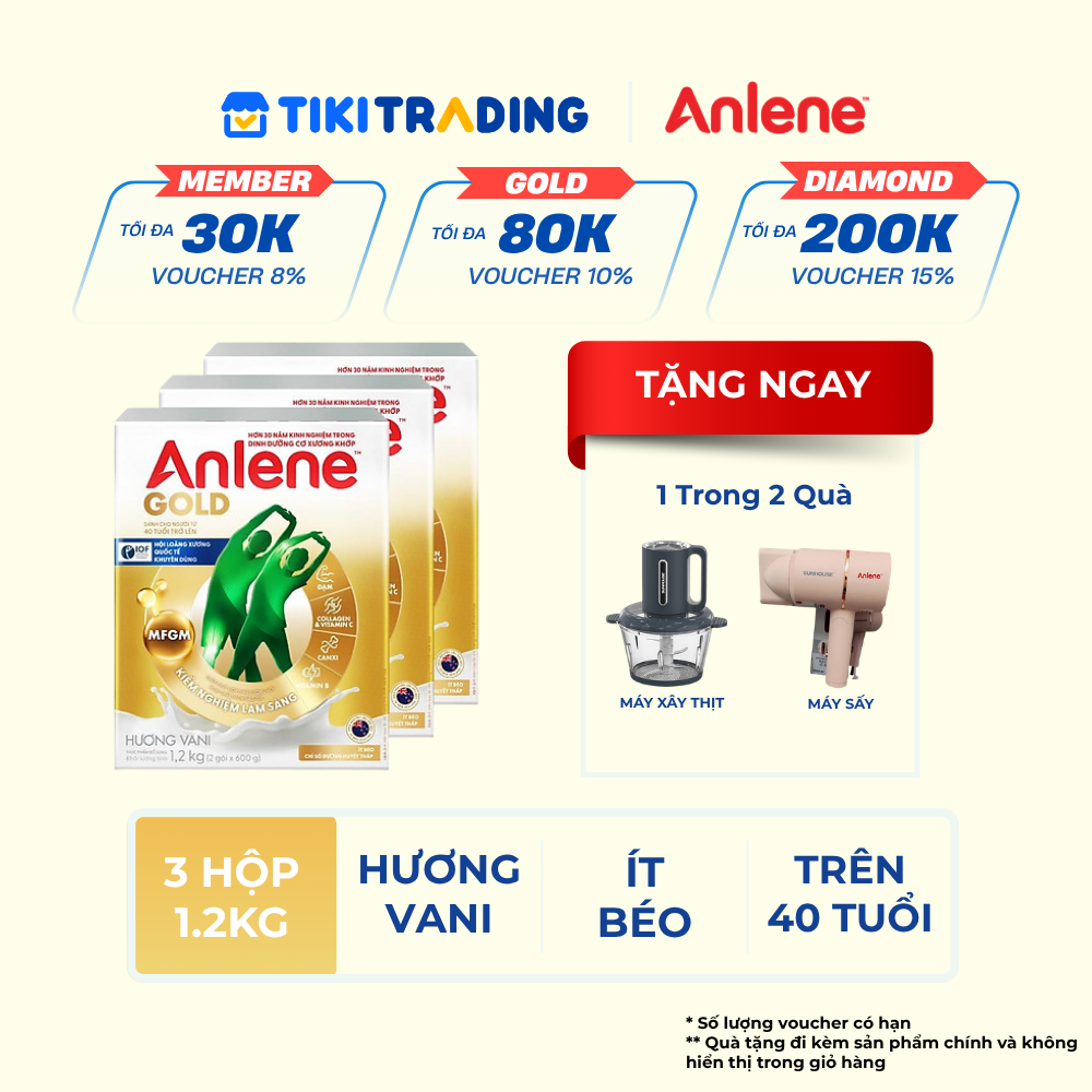Combo 3 TPBS Anlene Gold hương vani 1.2kg – Tặng máy sấy tóc hoặc máy xay thịt Combo 3 TPBS Anlene Gold hương vani 1.2kg – Tặng máy sấy tóc hoặc máy xay thịt