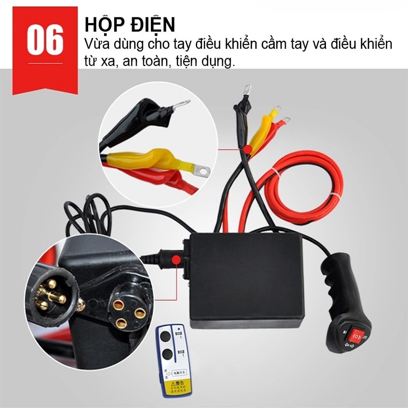 Tời điện kéo xe lực kéo 6000lbs tải trọng kéo 2600kg, cáp 5.5ly dài 15m, phanh cơ khí, động cơ 12V DC