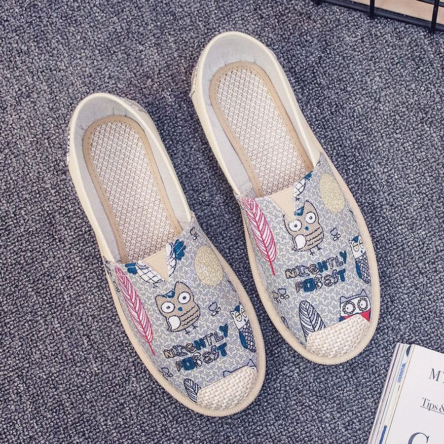 Giày lười slip on nữ bọc cói vintage hình dễ thương-GL3