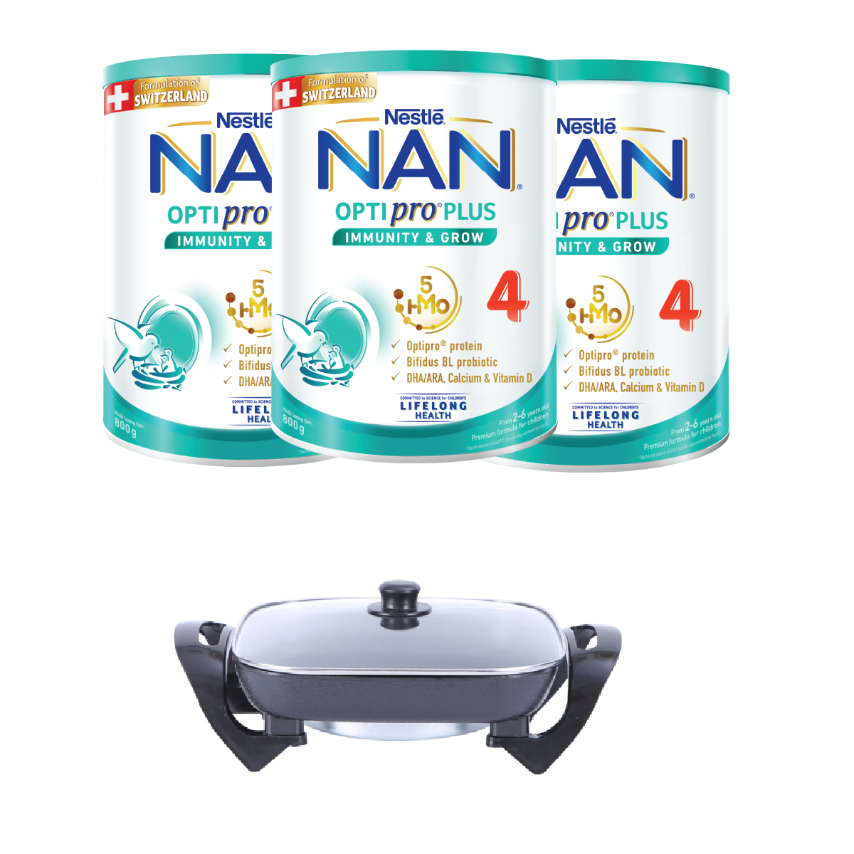 Bộ 3 lon Sữa bột Nestlé NAN OPTIPRO PLUS 4 800g/lon với 5HMO Giúp tiêu hóa tốt + Tăng cường đề kháng  + Lẩu nồi lẩu điện vuông - Bé 2-6 tuổi