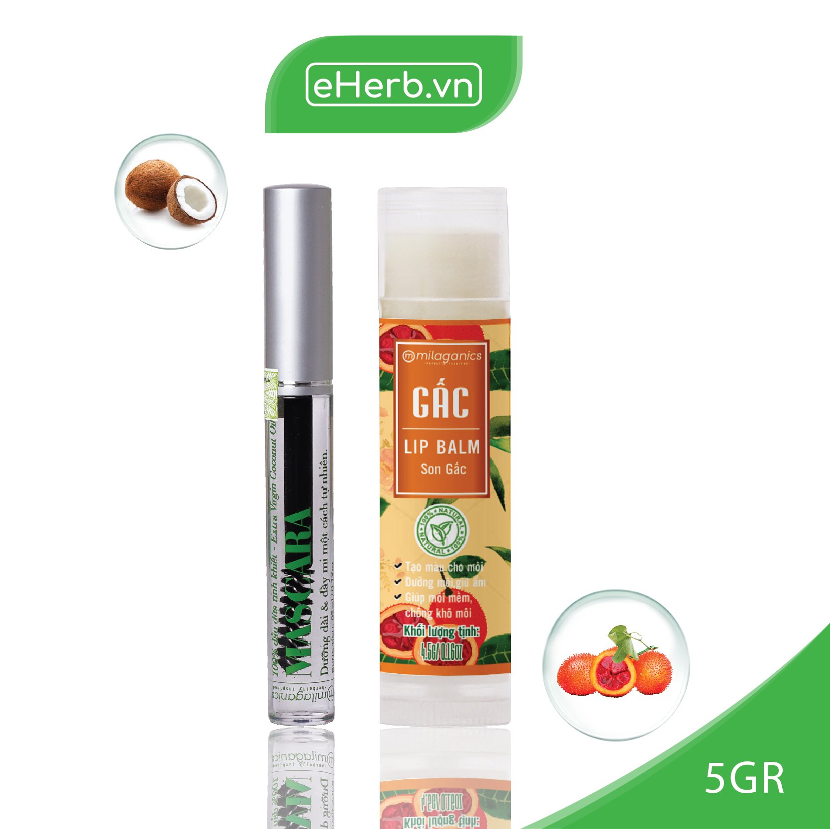 Combo Son Gấc Thiên Nhiên Dưỡng Môi, Giảm Thâm Milaganics (4.5g) + Mascara Dầu Dừa Dưỡng Mi Milaganics