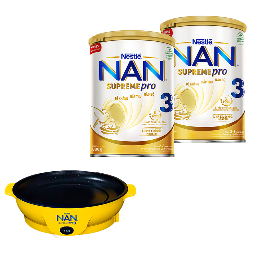 Bộ 2 Lon Sữa Bột Nestlé NAN SupremePro 3 với 5HMO giúp tăng đề kháng, đạm Gentle Optipro giúp dễ hấp thu & ngừa nguy cơ dị ứng - SP nhập khẩu từ Đức - Tặng chảo nướng điện đa năng