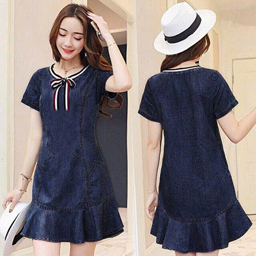 Đầm Jean Nữ Form Xòe Ngôi Sao Phối Dây Cổ Viền Màu