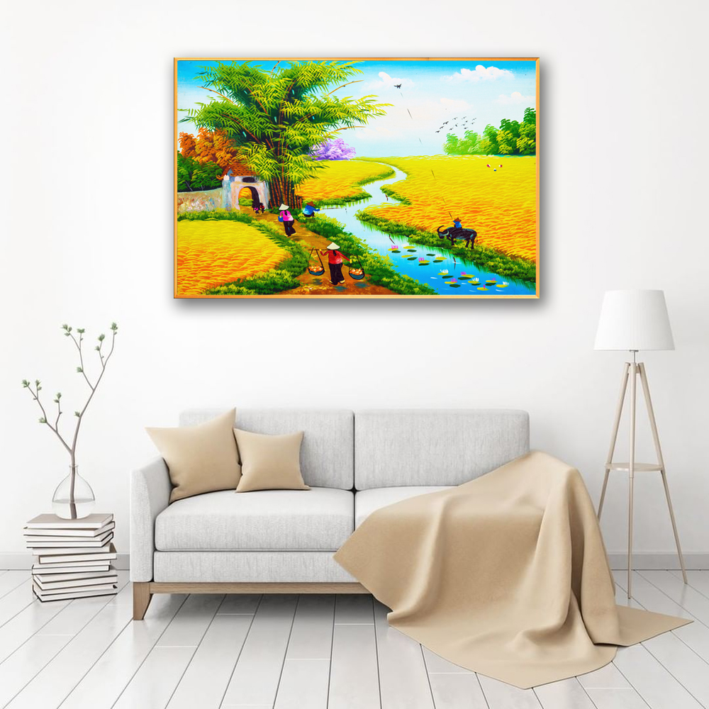 Tranh treo tường – Phong cảnh làng quê Việt Nam  CA127- Vải canvas kim tuyến  cán PiMa - công nghệ in UV - Khung viền composite - bền màu 10 năm.