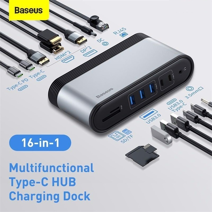 Hub chuyển đổi đa năng 16 trong 1 Baseus CAHUB-BG0G  (Type C*4 / HDMI / VGA / RJ-45 Gigabit / SD,TF Card / USB3.0*3/ USB2.0*2/ Audio AUX 3.5mm/ DC 12V) - Hàng Nhập Khẩu