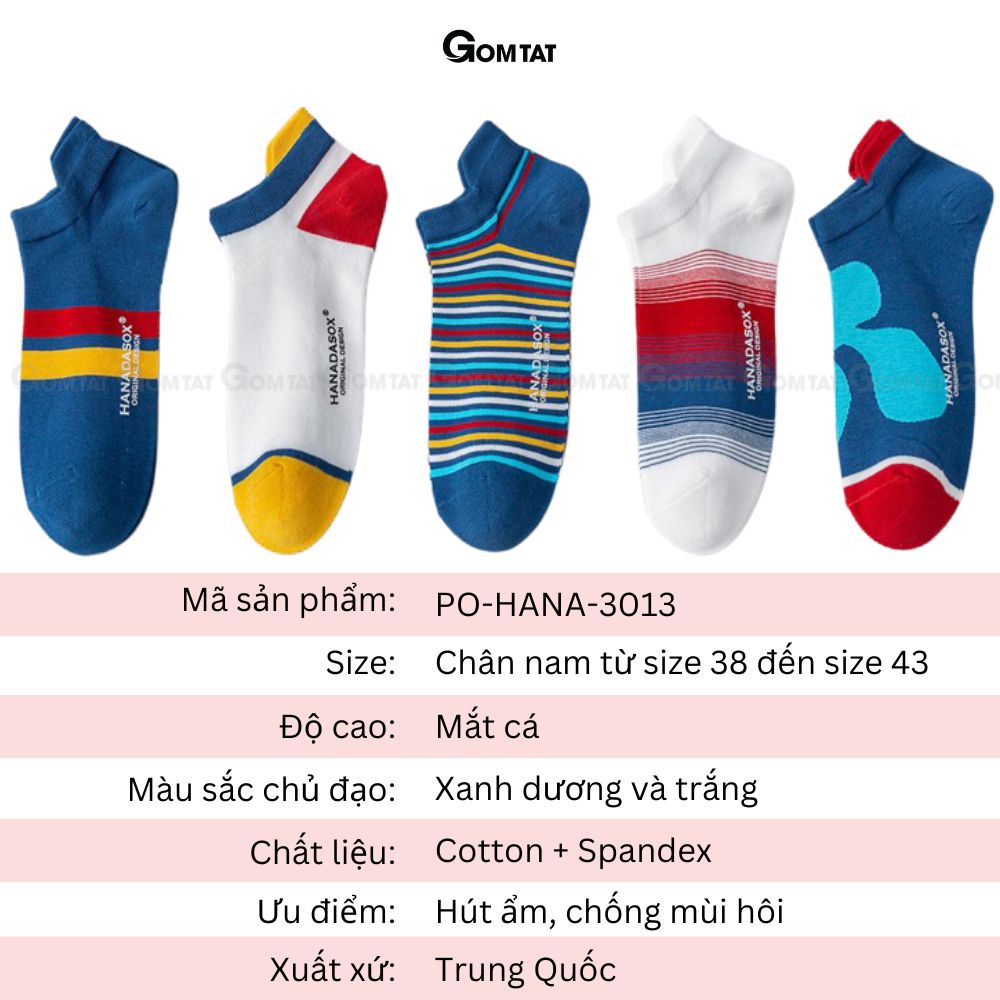 Set 5 đôi tất vớ nam cổ ngắn GOMTAT họa tiết, chất liệu cotton cao cấp thoáng mát, êm chân - PO-HANA-3013-CB5