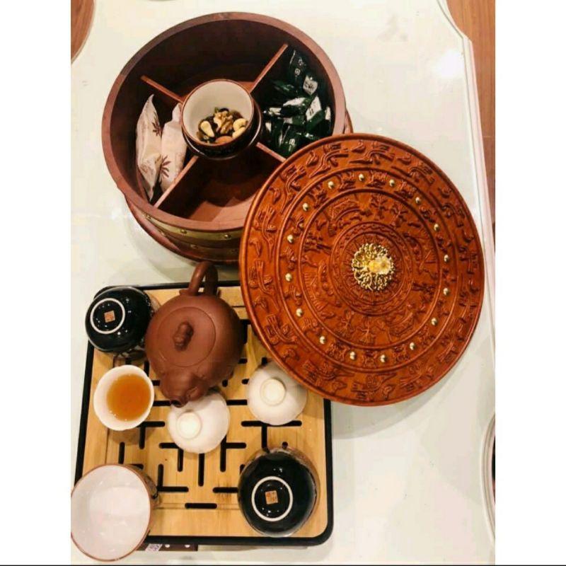 Hộp đựng mứt tết, khay đựng bánh kẹo mứt tết bằng gỗ, khay đựng bánh kẹo tết trống đồng