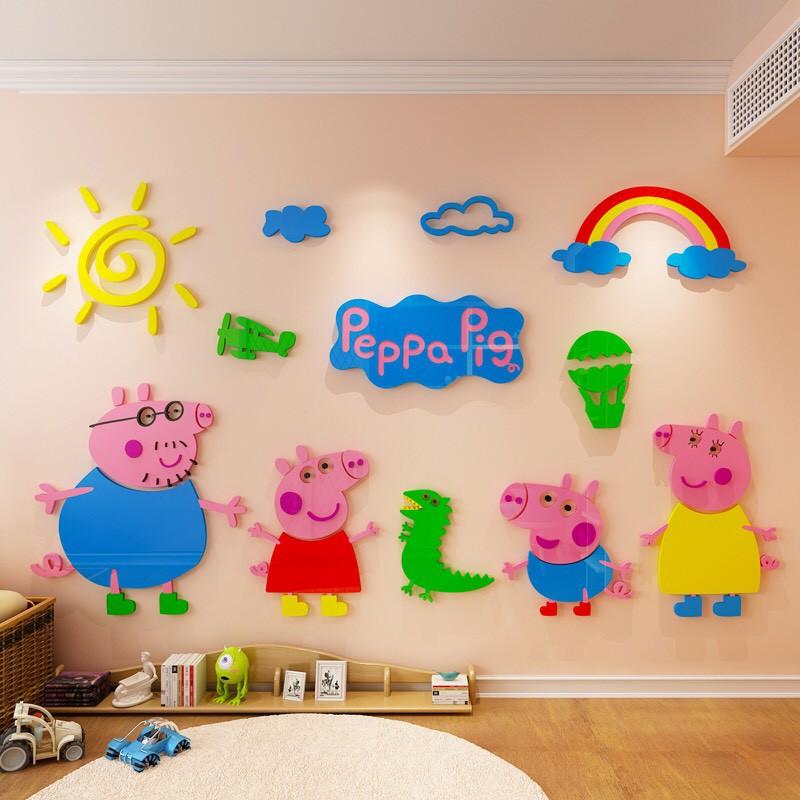 Tranh dán tường 3d cho bé, tranh mica 3D, Gia đình pepa pig, trang trí mầm non, trang trí khu vui chơi trẻ em