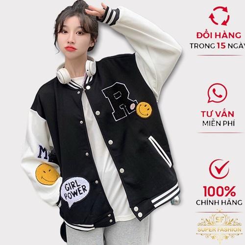 Áo Khoác Nỉ Bomber Nữ Fashion in Họa Tiết Chữ R Tay Phối Mặt Cười Chất Nỉ Bông Dày Đep Hot Trend