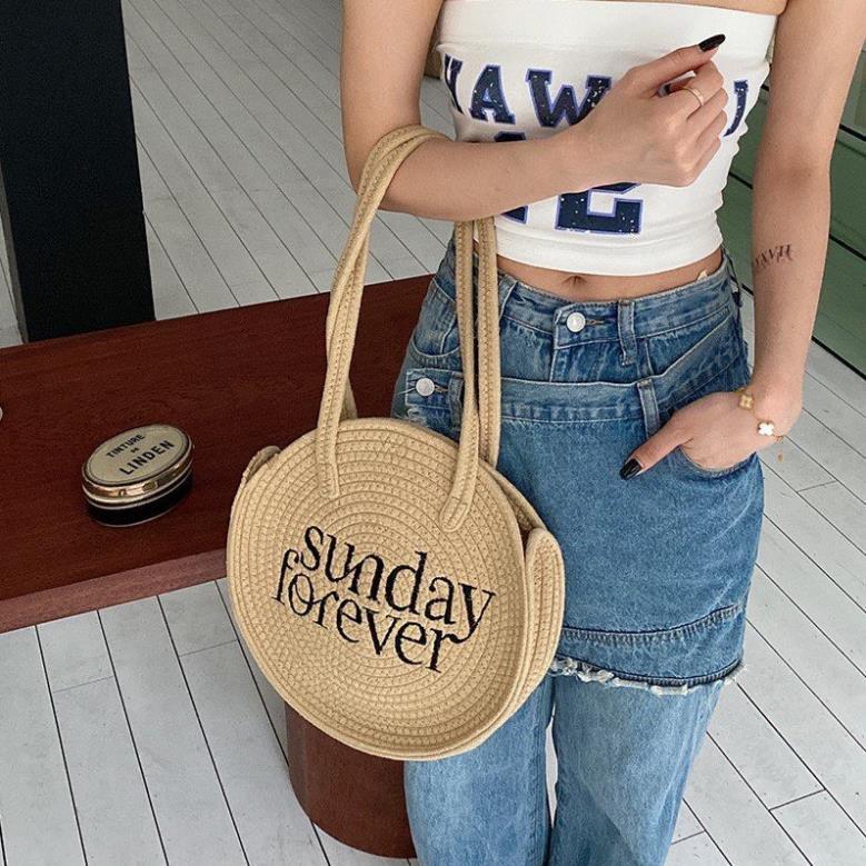 Túi xách cói tròn Sunday Forever, túi du lịch, đi biển dễ thương