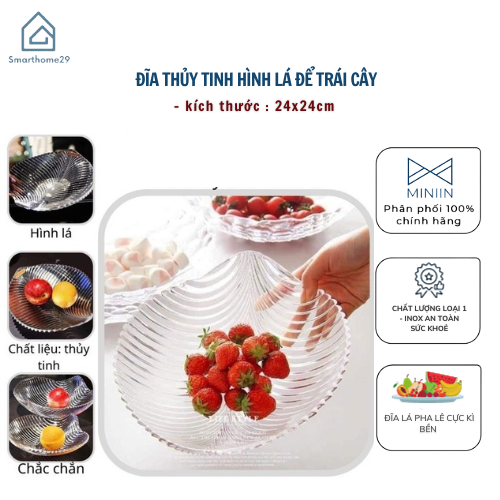 Đĩa Thuỷ Tinh Pha Lê Hình Chiếc Lá kt 24x24cm Đựng Hoa Quả Bánh Kẹo - HÀNG CHÍNH HÃNG MINIIN