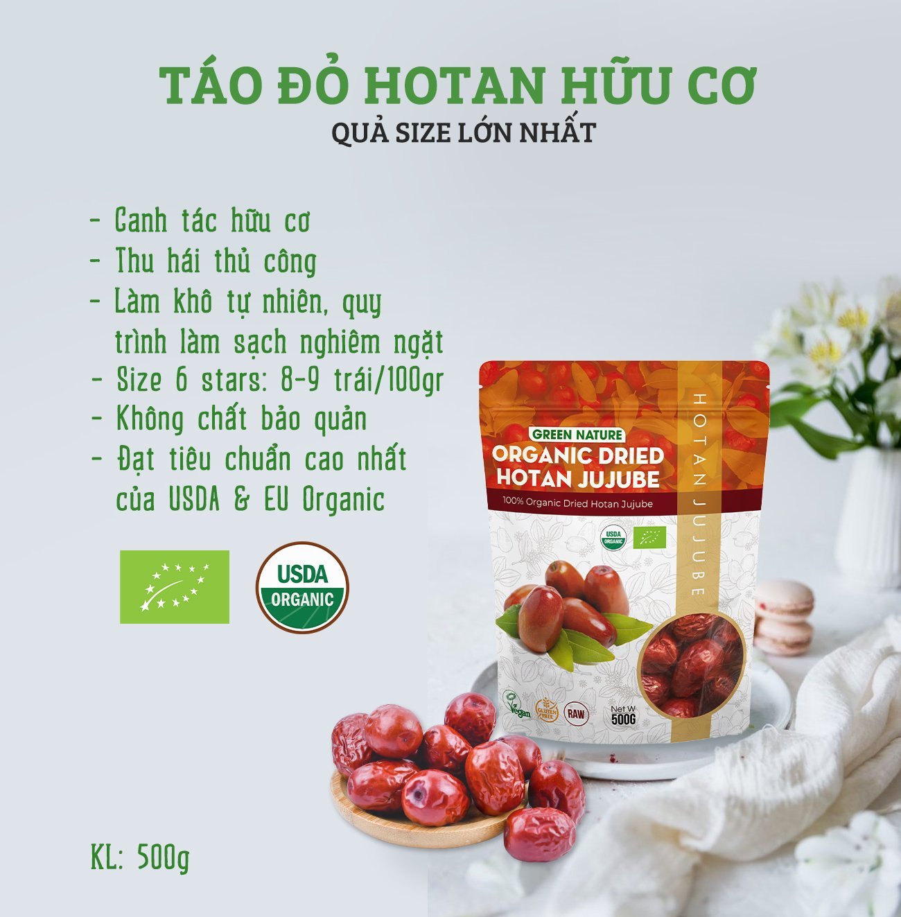 Táo đỏ hữu cơ Hotan 500gr Organic Dried Hotan Jujube 500gr - Green Nature