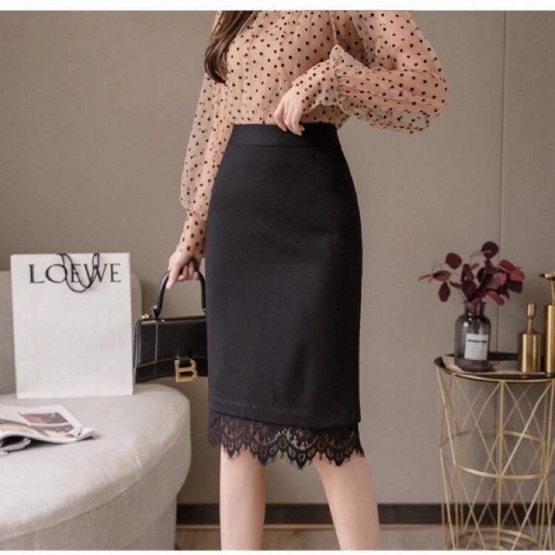 Chân váy công sở dáng dài, chân váy bút chì Umi phối ren