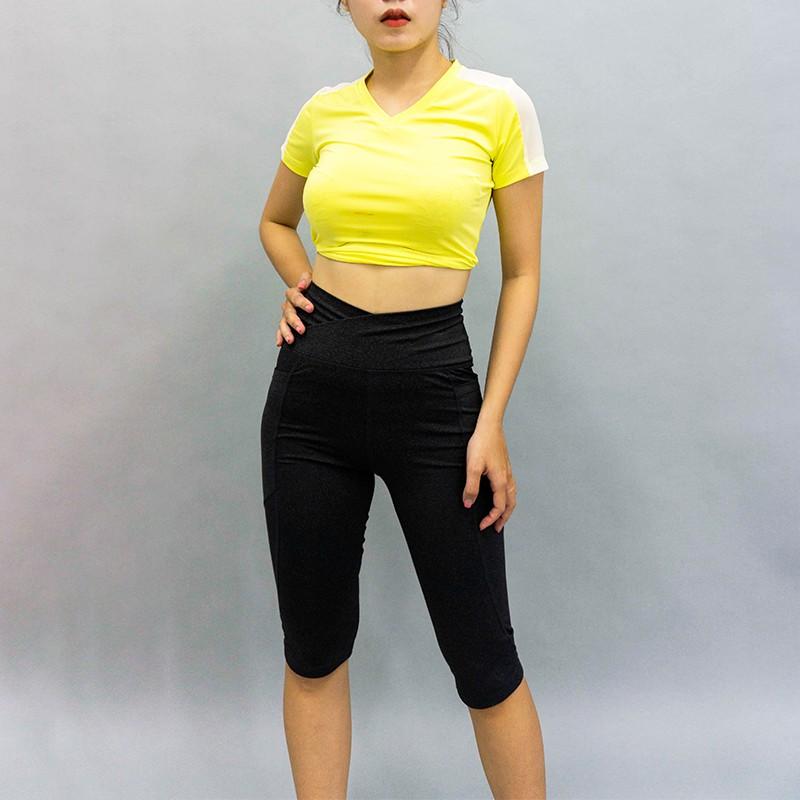 Set Thể Thao Tập Gym, Yoga Quần Biker Lửng + Áo Croptop Phối Lưới Vai CH00004