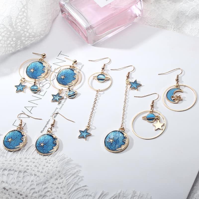 Khuyên tai Boho Vintage tua rua bạc vàng - Bông tai sao trăng dễ thương cute Hàn Quốc - Mặt charm chong chóng