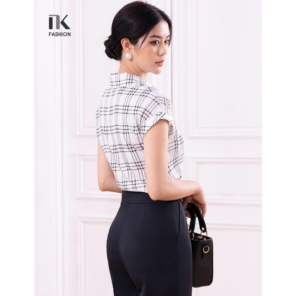 Áo Sơ Mi Nữ NK Fashion Thiết Kế Cỏ Đức Vai Chờm Họa Tiết Kẻ, Chất Liệu Nhập Hàn Cao Cấp NKSM2204001