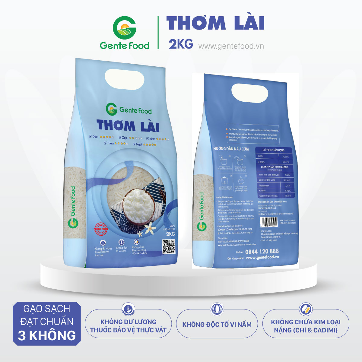 Gạo Thơm Lài Gente Food túi 2kg Cao Cấp Đặc biệt cơm thơm, dai, mềm, dẻo đến khi nguội