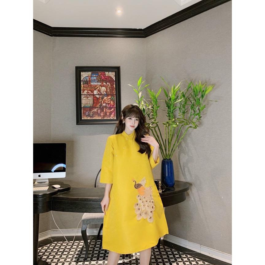 Váy bầu cách tân mẫu mới cho mẹ bầu diện tết cực xinh-Đầm bầu gấm họa tiết cho mẹ diện Tết và sự kiện