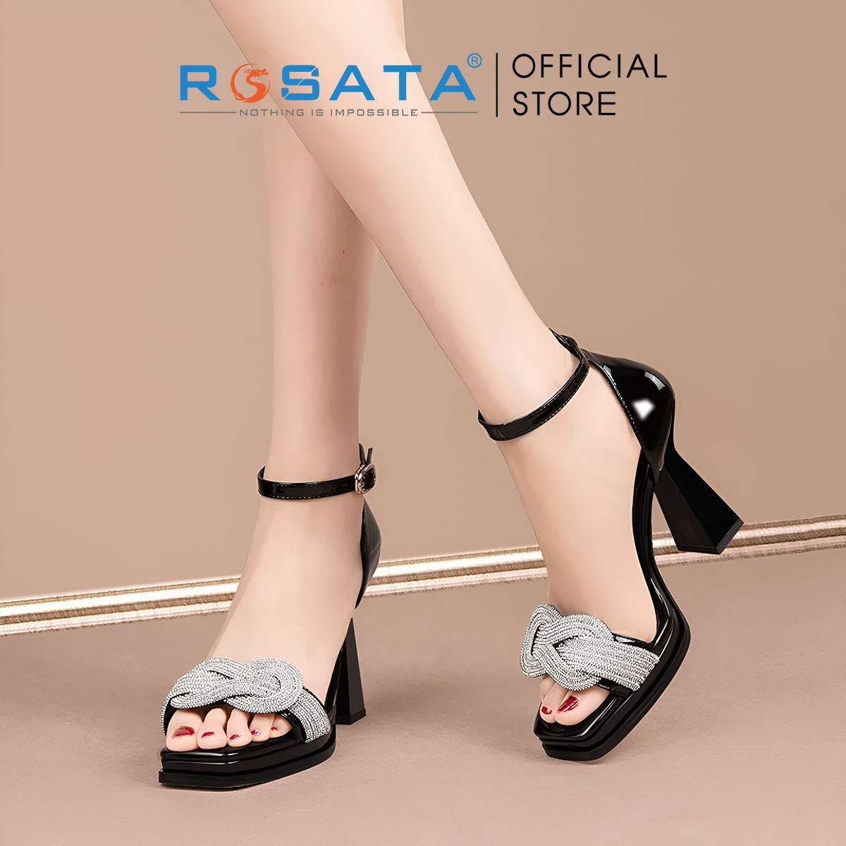 Sandal cao gót nữ quai ngang đính hạt sang trọng ROSATA RO633-8p- Đen,Trắng - HÀNG VIỆT NAM - BKSTORE