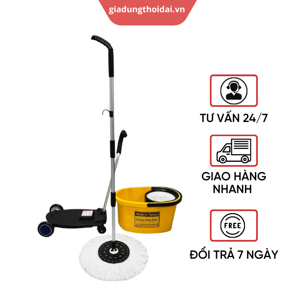 Bộ Lau Nhà 360 độ Omega Mop Plus công nghiệp (xô lớn + xe đẩy + xoay tay)