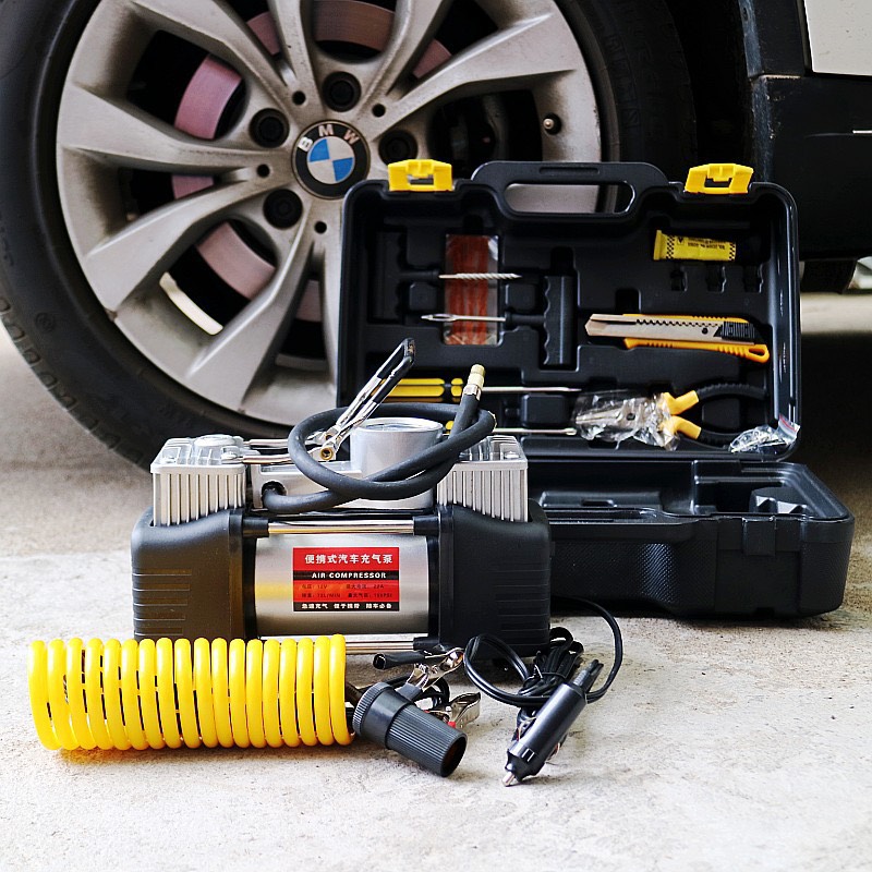 Bơm lốp xe ô tô 2 xi lanh công suất lớn 280W kèm hộp đựng dụng cụ - Máy Bơm Lốp Xe Hơi đồng hồ điện tử hiển thị áp suất lốp