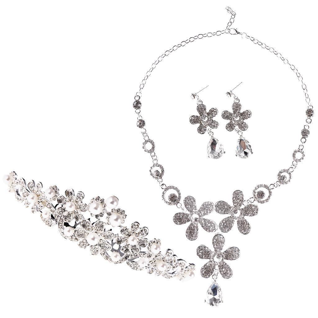 Silver Plated Flower Rhinestone Necklace Earrings Bridal Tiara Jewelry Set