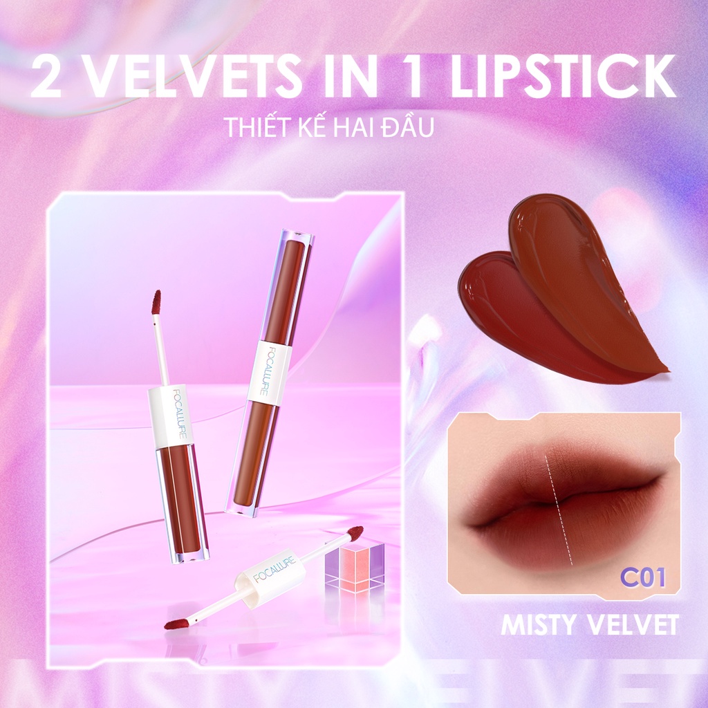 Son kem Focallure 2 trong 1 siêu nhẹ chống nứt nẻ Multicolor 2-in-1 Lipstick &amp; Lip Gloss 2.4g