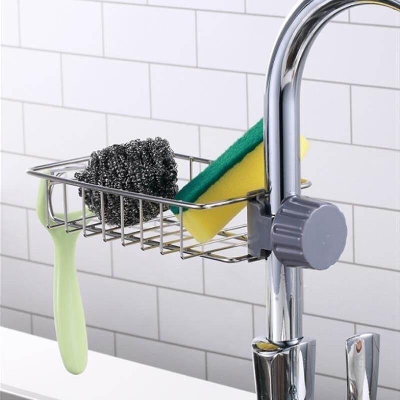 Khay inox gắn vòi đựng đồ rửa chén - Giá treo để giẻ rửa bát đa năng - Kệ inox treo bồn rửa chén không cần khoan đục.