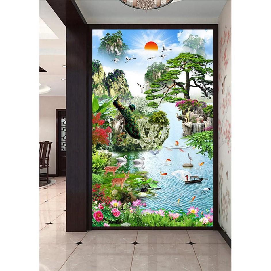Tranh dán tường khổ dọc phong thủy sơn thủy hữu tình UD0383