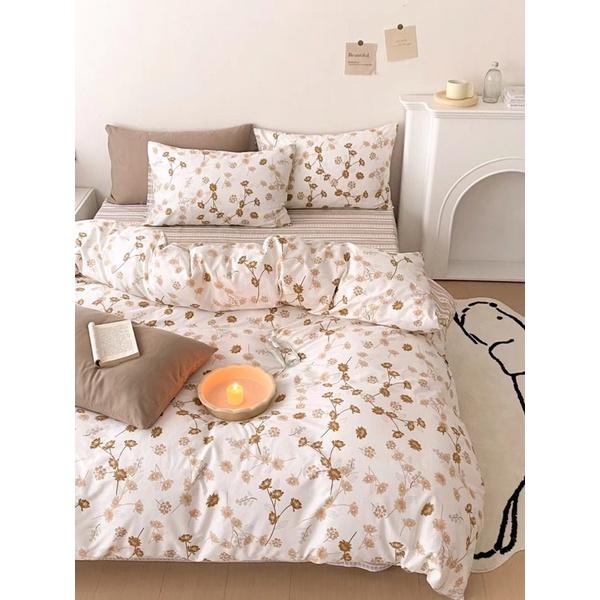 Bộ Chăn Ga Gối Cotton Living 100%cotton Hàng Nhập Khẩu Cao Cấp 4 Món Hoa Nâu