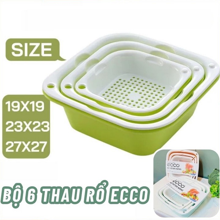 Bộ rổ nhựa kèm thau 6 món để thực phẩm rau quả đa năng - Set thao rỗ nhựa cao cấp 6 món 3 kích thước khác nhau