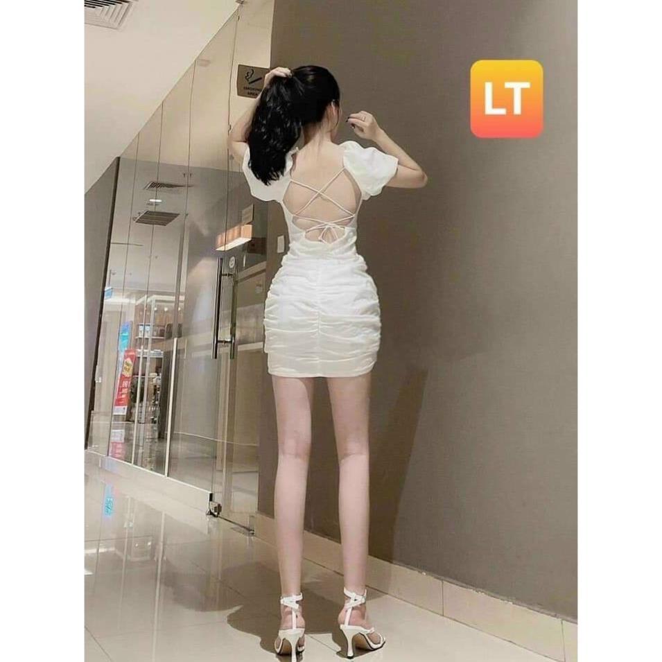 Váy đầm nữ body đan dây lưng nhún hông HT06