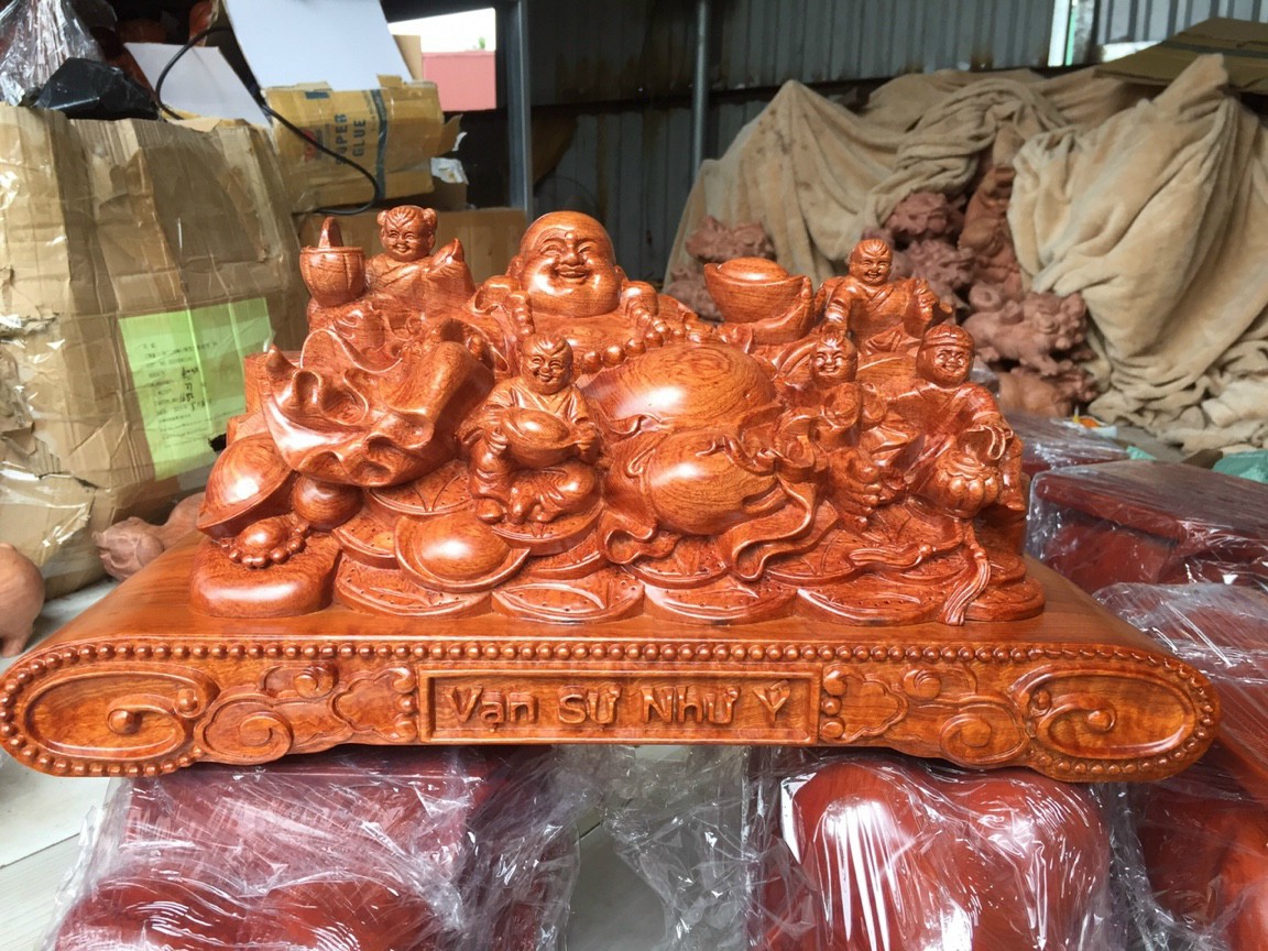 Tượng phật di lặc ngũ phúc bằng gỗ hương đá kt 50×28×26cm