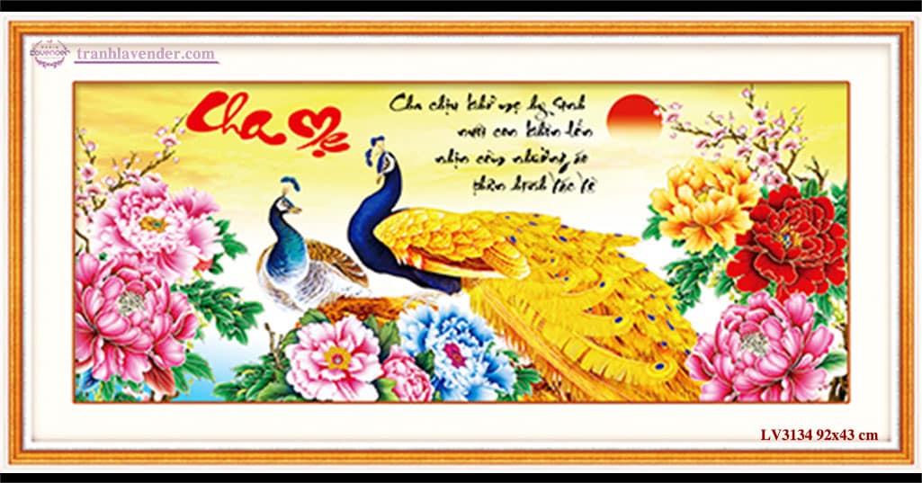 Tranh thêu chữ thập cha mẹ chim công LV3134 - 92 x 43 cm - chưa thêu