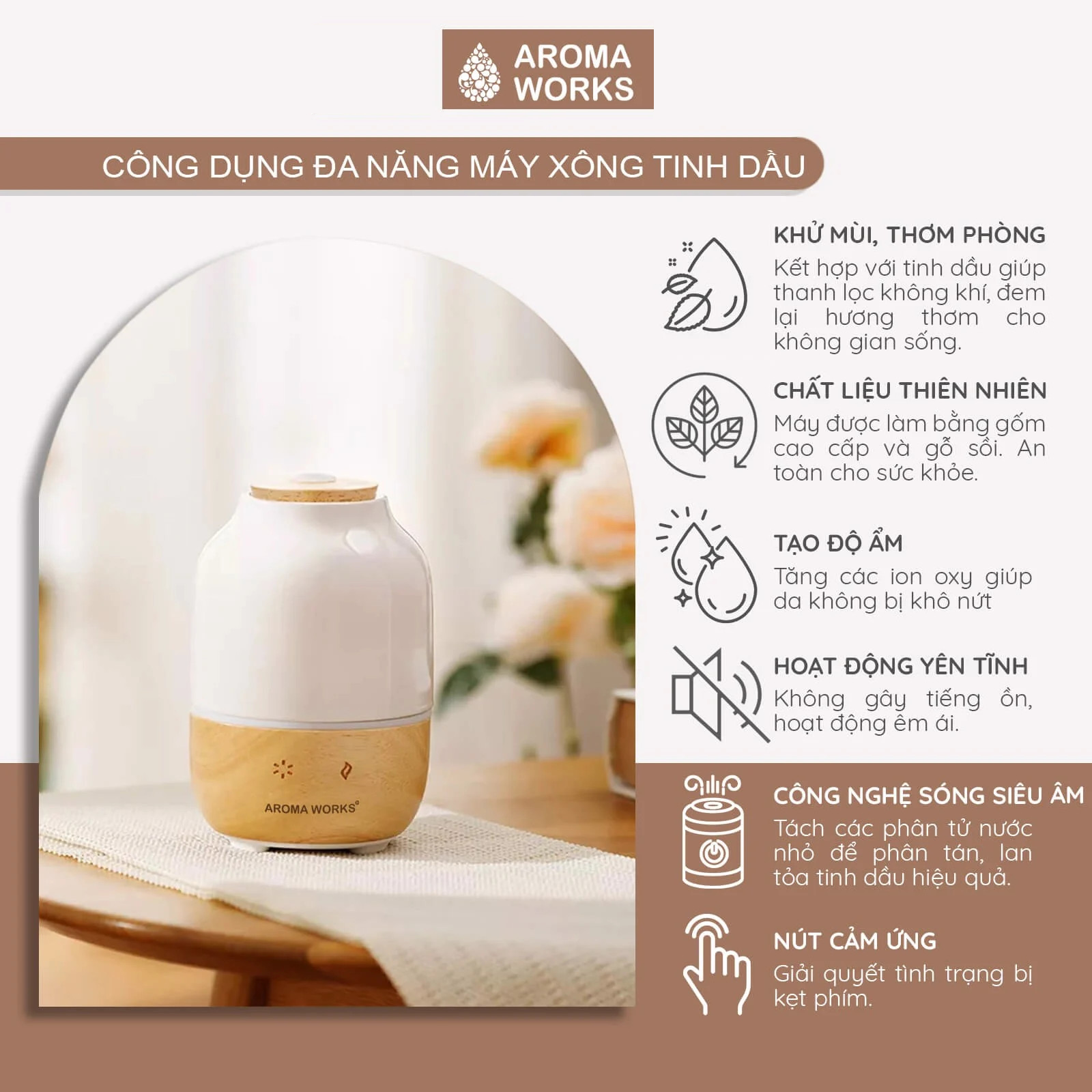 Máy xông tinh dầu Aroma Works xông phòng làm đèn ngủ, giúp khử mùi, đuổi muỗi, thanh lọc không khí, dễ ngủ