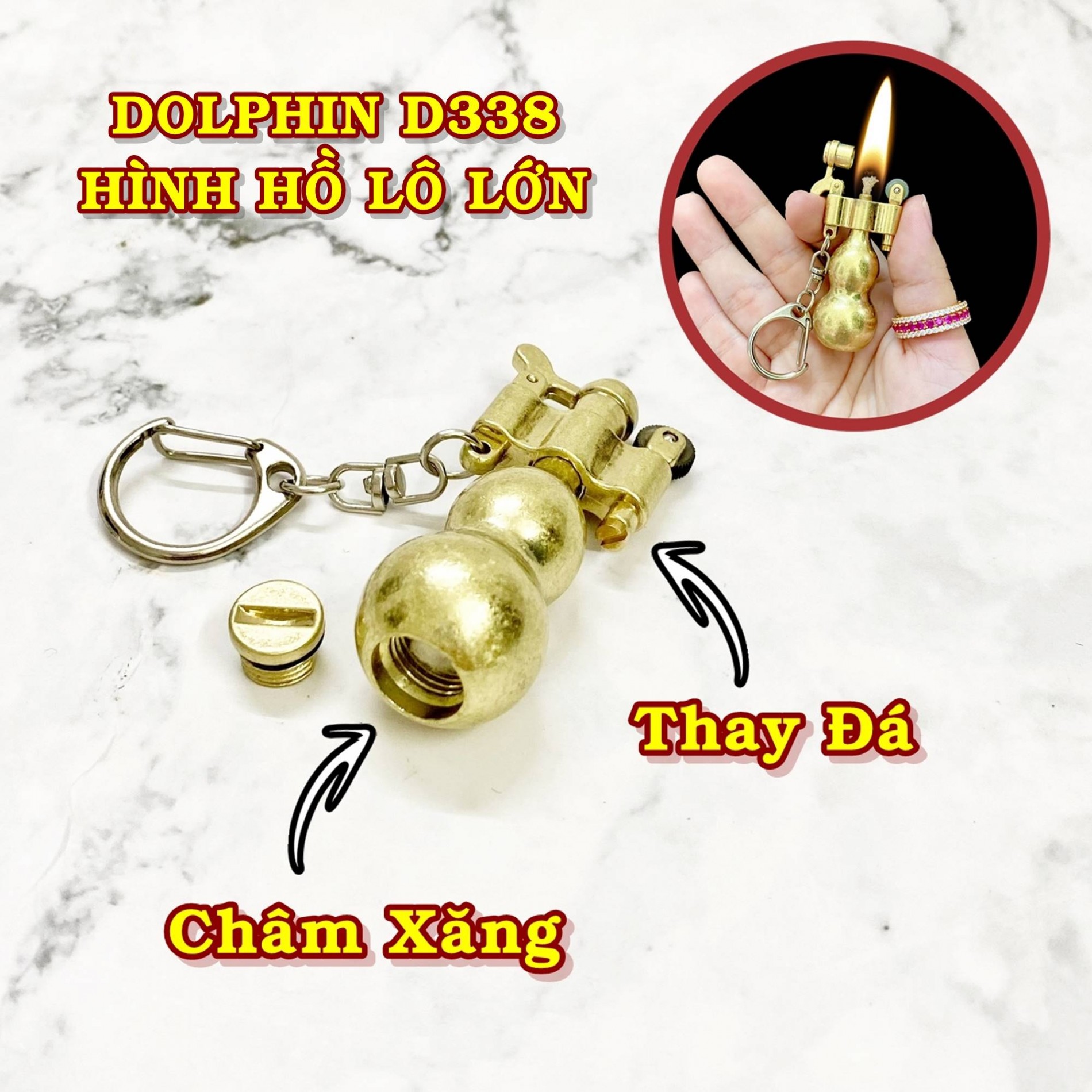 Hột quẹt bật lửa móc khóa Dolphin xăng đá cổ hình hồ lô lớn D338 kim loại - xài xăng