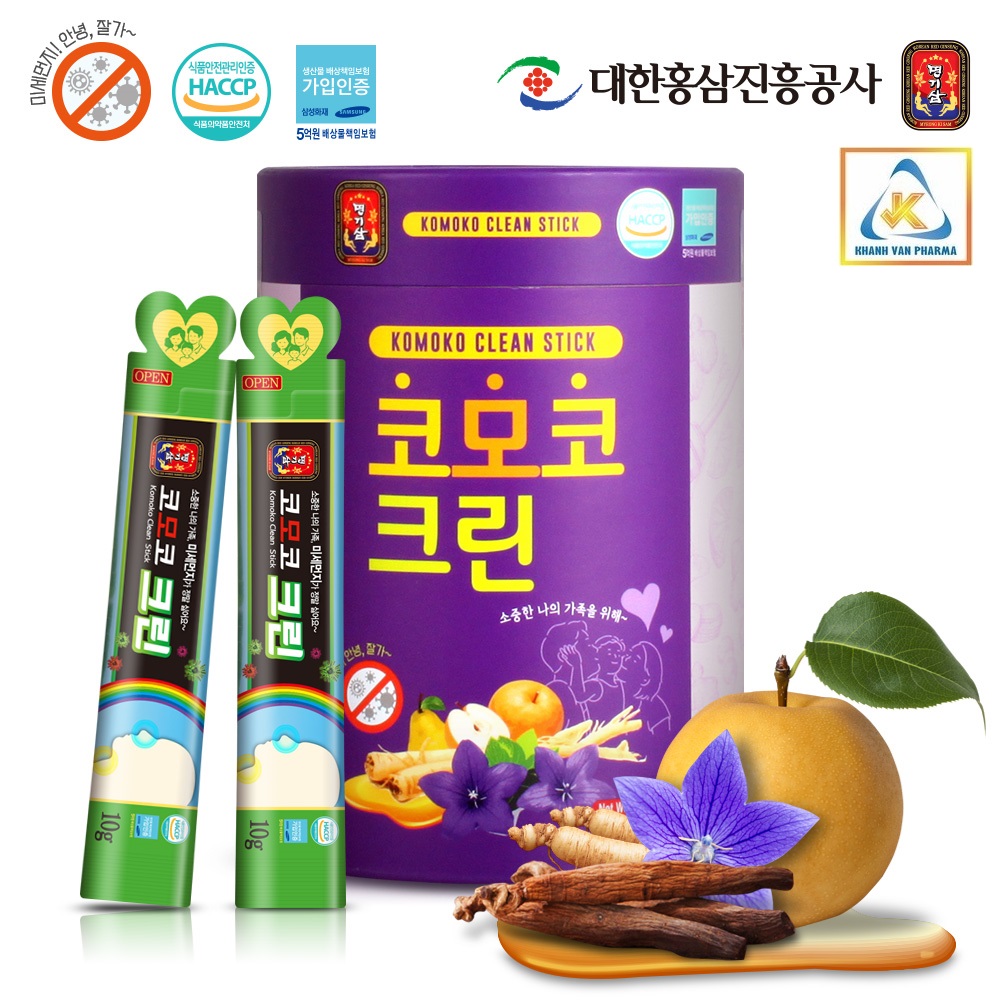 Nước Hồng Sâm Cát Cánh Komoko Hàn Quốc - Komoko Clean Stick - MYEONG KI SAM - Bảo vệ đường hô hấp - Hộp (500g) 50 gói x 10g - hàng nội địa, nhập khẩu chính ngạch