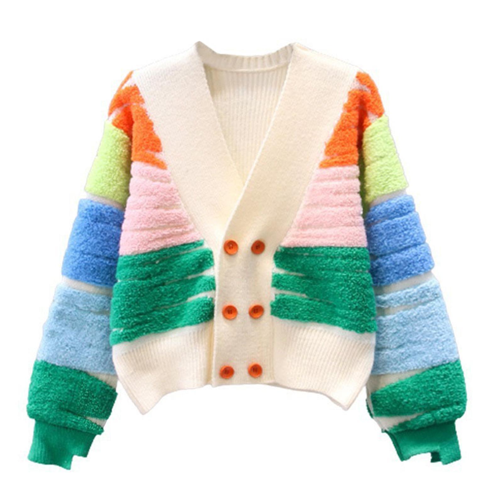 Rainbow Striped Cardigan Sweater Double Breasted Sweater Jacket Coat Button Autumn Clothing Daily Wear Long Sleeve Knit Sweater