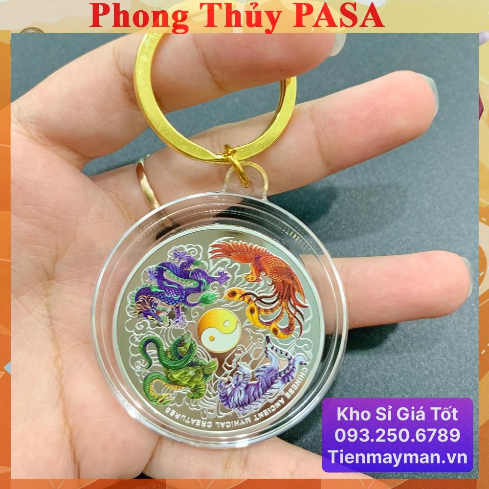Móc khóa nhà, xe máy Đồng Xu Tứ Linh In Màu 3D Phong Thủy May Mắn, kèm Túi Gấm Đỏ - PASA COLLECTION
